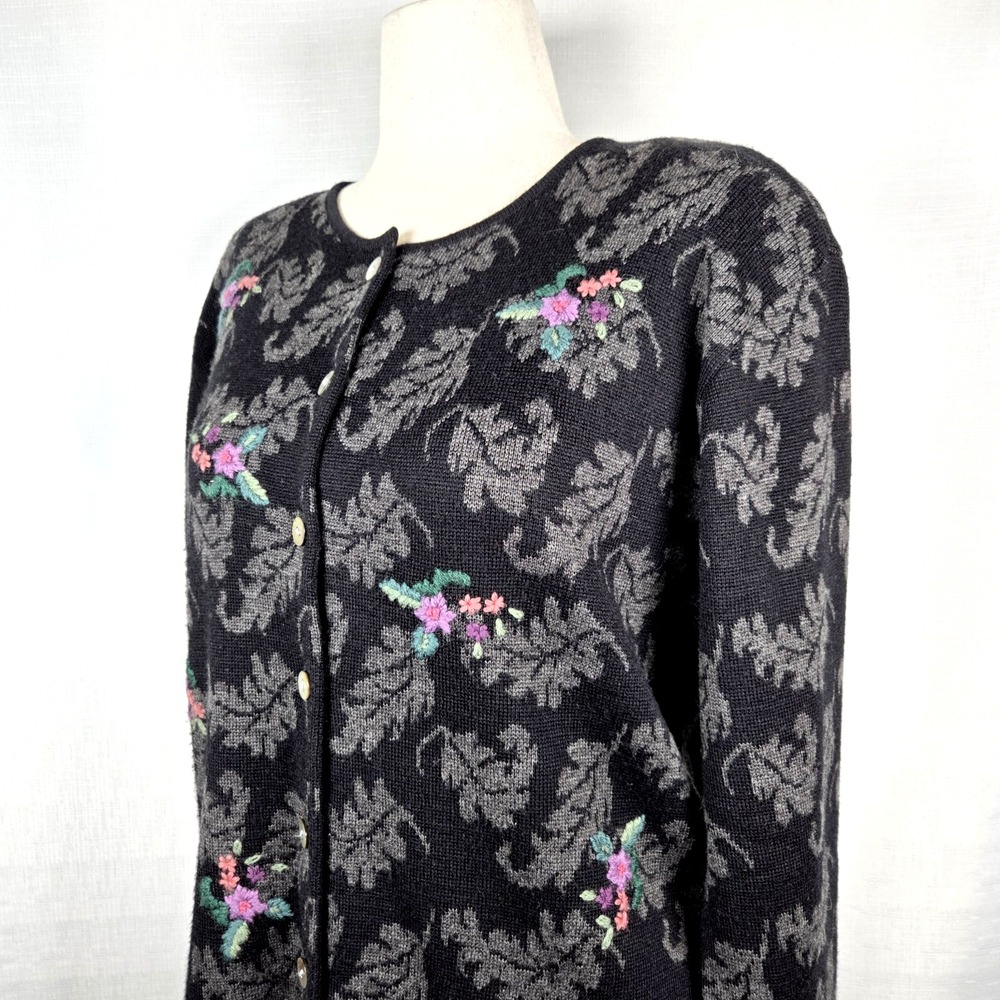 Talbots Black Floral Embroidered‎ Cardigan Women's L Button Up Cottagecore Bloom